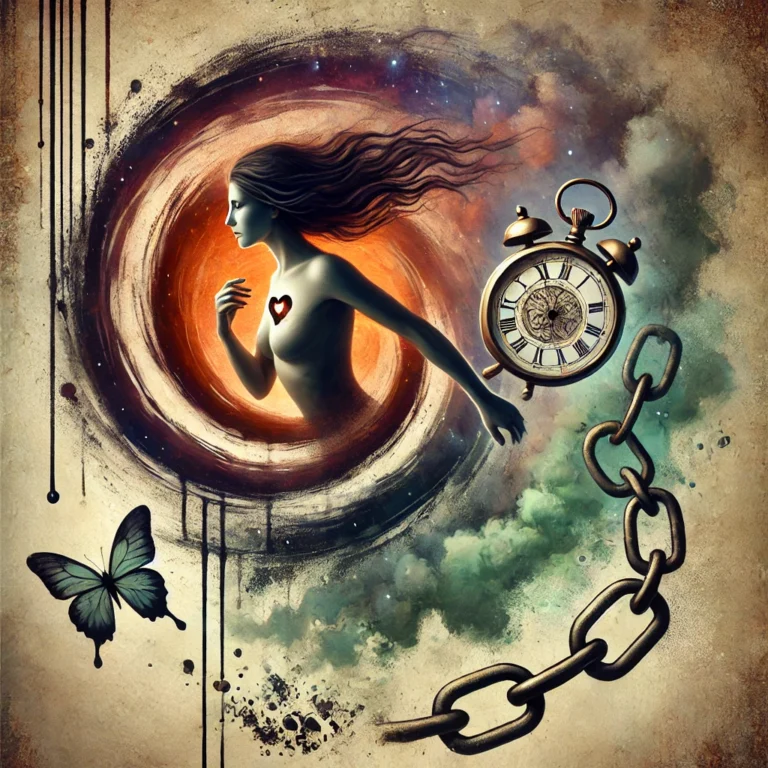 Illustration d’une femme piégée dans une spirale symbolisant l’auto-doute induit par la culpabilisation en couple. Aquarelle numérique surréaliste, contrastes marqués.