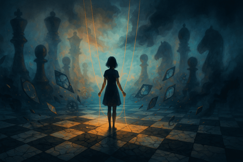 fille manipulée par des fils sur un échiquier géant