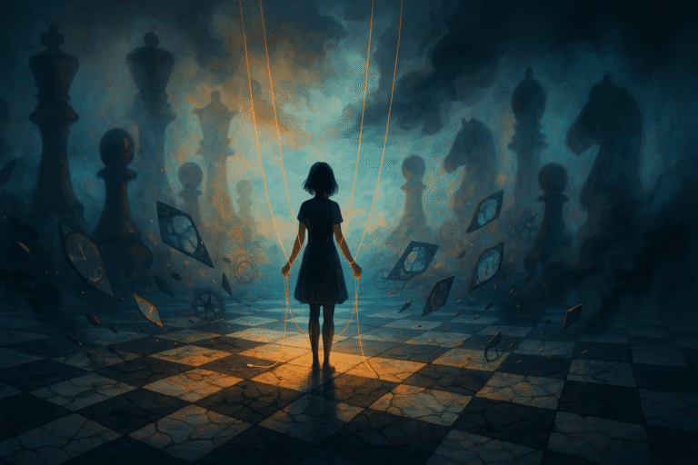 fille manipulée par des fils sur un échiquier géant