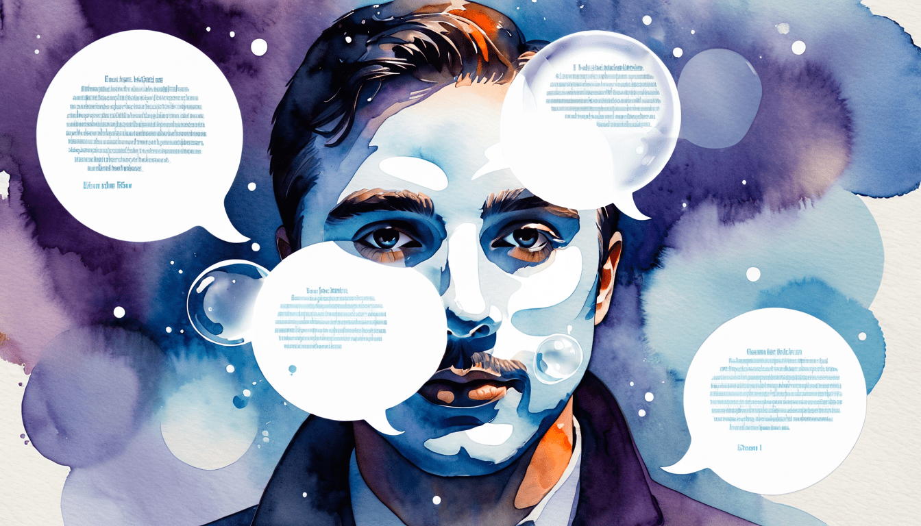 Illustration aquarelle poétique d’un homme entouré de bulles de paroles, représentant les phrases révélant ses intentions cachées.