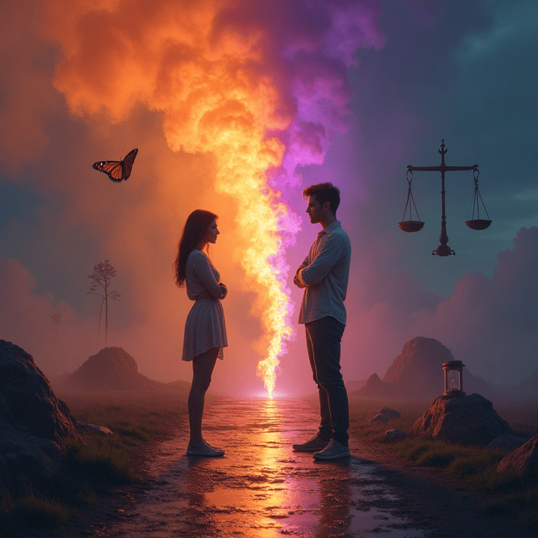 Un homme et une femme face à face devant une ligne de feu et de fumée colorée, représentant la culpabilisation et le brouillage émotionnel dans une relation toxique.