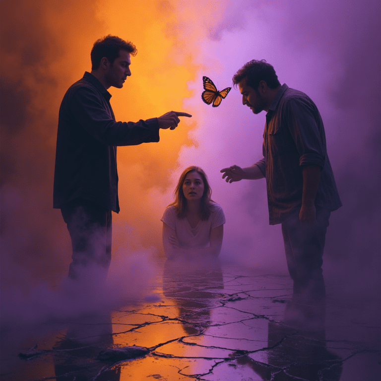 Une femme au sol entre deux hommes en conflit, dans un décor symbolique violet et orange, représentant la confusion entre projection et inversion des rôles.