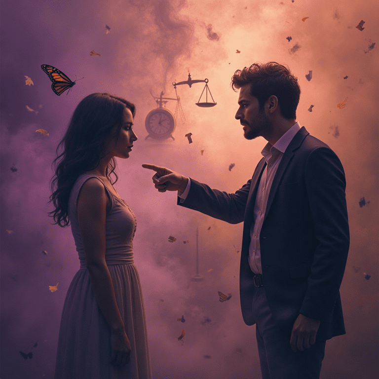  Un homme en costume pointe une femme du doigt dans un nuage de fumée violette et orange, illustrant une dispute où les rôles sont inversés.