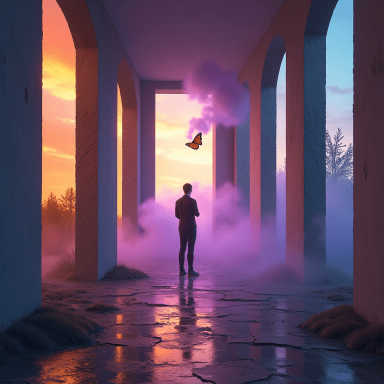 Un homme debout seul entre des colonnes, baigné dans une lumière violette et orange, avec un papillon au centre, symbolisant la perte de repères face à la manipulation.