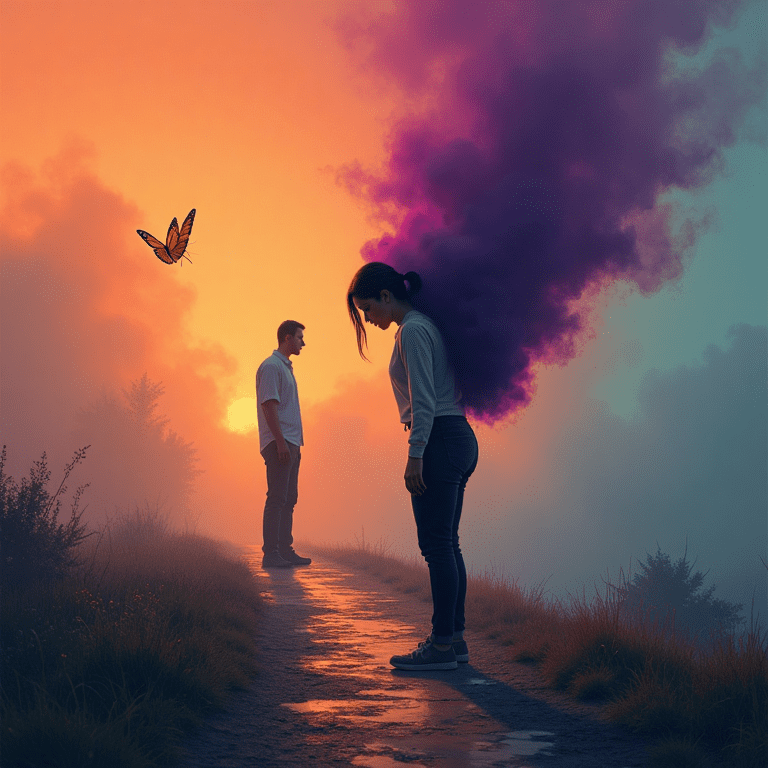 Une femme tête baissée, portant une fumée violette dans son dos, face à un homme distant, illustrant le doute intérieur provoqué par l’inversion des rôles.