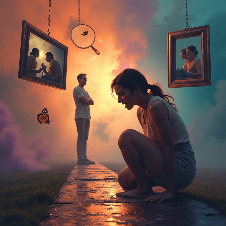 Une femme en détresse au sol, entourée d’images suspendues montrant des scènes de dispute, tandis qu’un homme se tient à distance, dans une atmosphère contrastée.