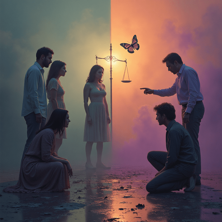 Groupe de personnes face à un homme qui accuse un autre agenouillé, sous une balance déséquilibrée, dans une atmosphère symbolique évoquant l’inversion des rôles.