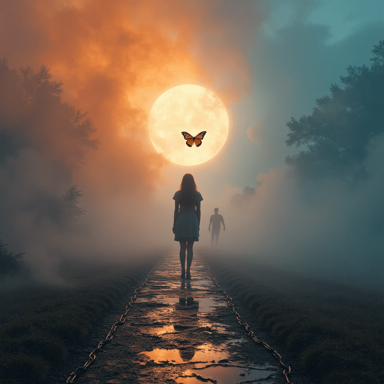 Une femme marche seule vers une lumière dorée en pleine brume, un papillon devant elle, tandis qu’un homme reste en arrière, illustrant la reprise de pouvoir après une inversion des rôles.