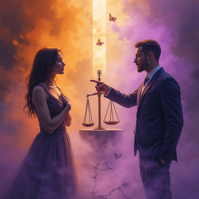 Homme accusant une femme devant une balance symbolique, dans une ambiance dramatique évoquant l’inversion des rôles dans une relation toxique.