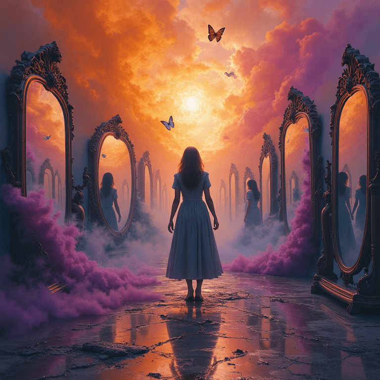 Illustration symbolique d'une femme entourée de miroirs dans une atmosphère surréaliste, représentant l’inversion des rôles dans une relation manipulatrice.