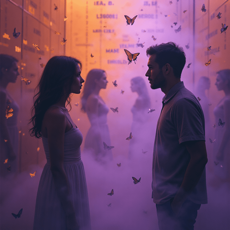 Un homme et une femme se font face dans un couloir rempli de miroirs et de papillons, symbolisant la confusion créée par les phrases typiques de la manipulation.
