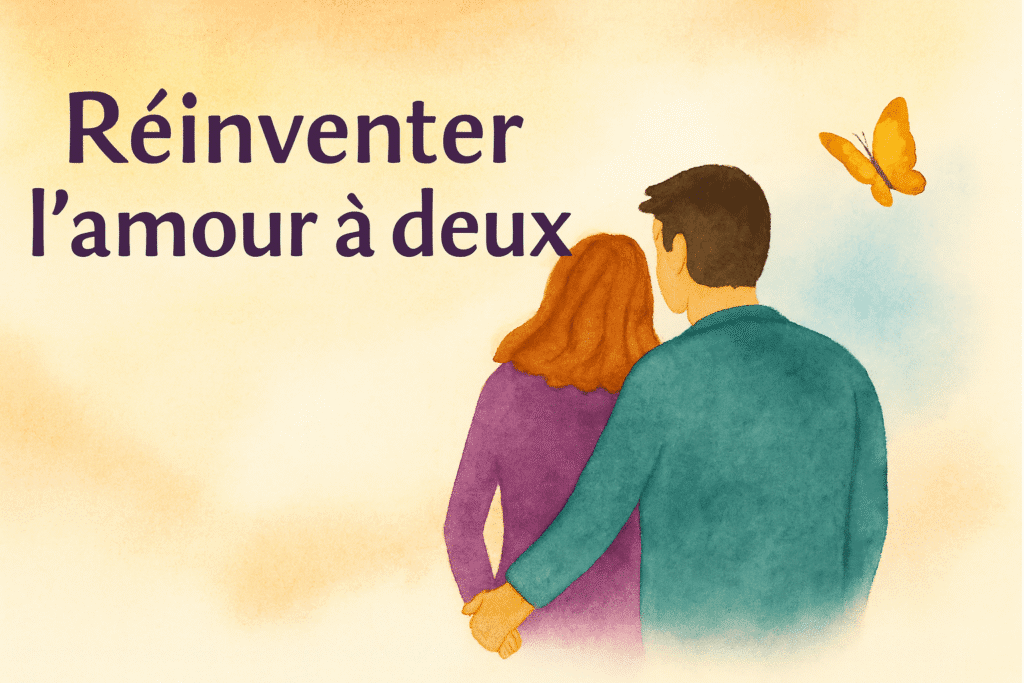 Illustration aquarelle d’un couple se tenant la main, regardant l’horizon, symbolisant la réinvention de l’amour à deux.