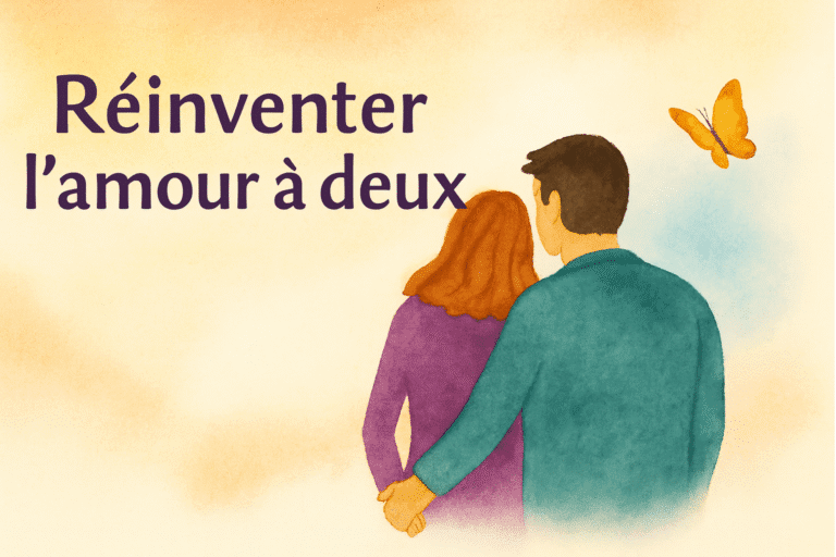 Illustration aquarelle d’un couple se tenant la main, regardant l’horizon, symbolisant la réinvention de l’amour à deux.