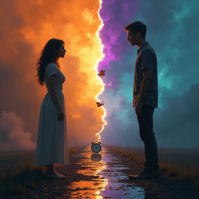 Une femme et un homme se font face, séparés par un éclair lumineux et un réveil symbolique, dans une ambiance orange et violette, représentant la différence entre conflit sain et manipulation.