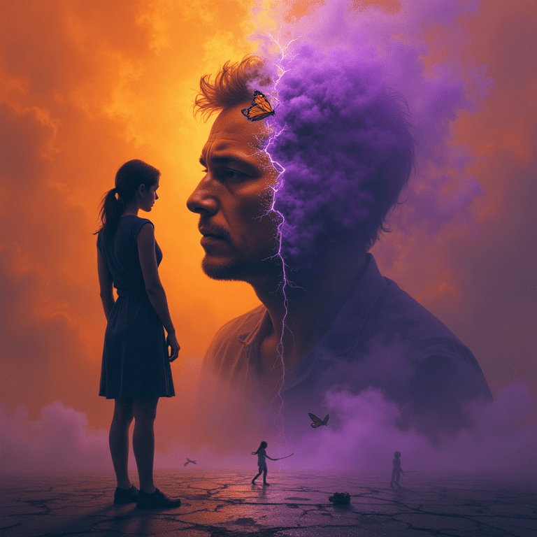 Femme face à un homme dont le visage se déchire en deux atmosphères contrastées, symbolisant la manipulation et l’inversion des rôles dans un couple.