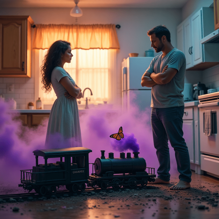 Une femme et un homme debout face à face dans une cuisine, avec un petit train au sol dégageant de la fumée violette, illustrant une scène banale de retournement des rôles.