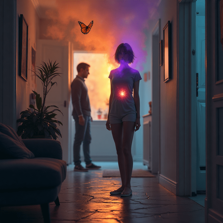 Une femme figée dans un couloir sombre avec une lueur au cœur, tandis qu’un homme s’éloigne en arrière-plan, illustrant le doute intérieur et la confusion liée à la manipulation.