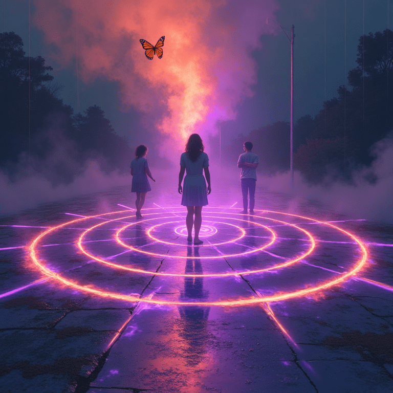 Une femme debout au centre de cercles lumineux concentriques, entourée d’autres figures, dans une ambiance violette et orangée évoquant un cycle toxique répétitif.