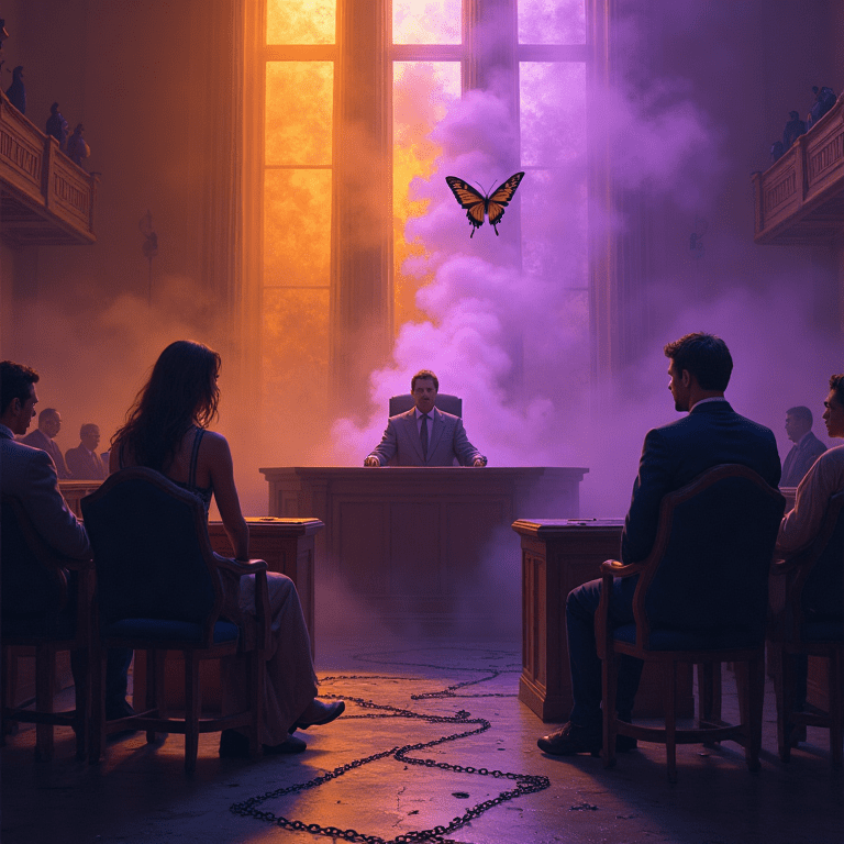 Scène symbolique d’un tribunal avec un homme au pouvoir, une femme isolée et une atmosphère dramatique illustrant l’inversion des rôles dans une relation manipulatrice