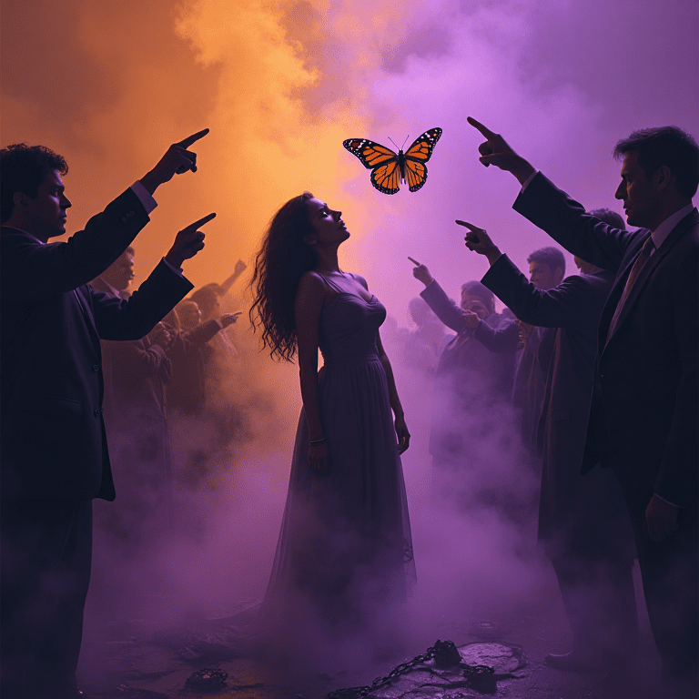 Une femme debout, calme au centre d’un groupe d’hommes qui la pointent du doigt dans une atmosphère dramatique, illustrant la manipulation par inversion des rôles.