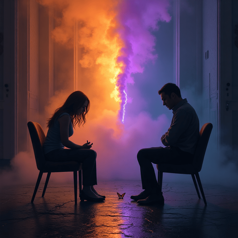 Un homme et une femme assis face à face dans le silence, séparés par une colonne de lumière et de fumée colorée, symbolisant une forme de violence invisible.