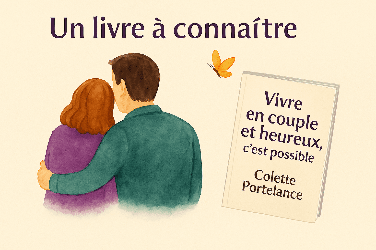 llustration aquarelle d’un couple de dos avec le livre « Vivre en couple et heureux, c’est possible » de Colette Portelance et la mention “Un livre à connaître”