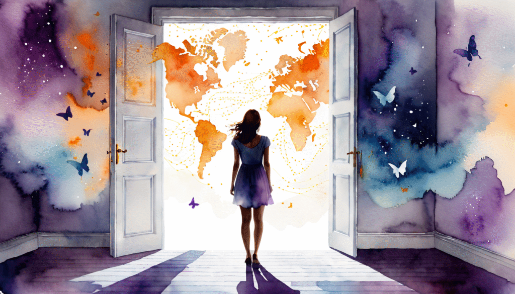 Illustration aquarelle poétique d’une femme observant un plan lumineux flottant devant elle, montrant le chemin pour sortir d’une relation toxique.