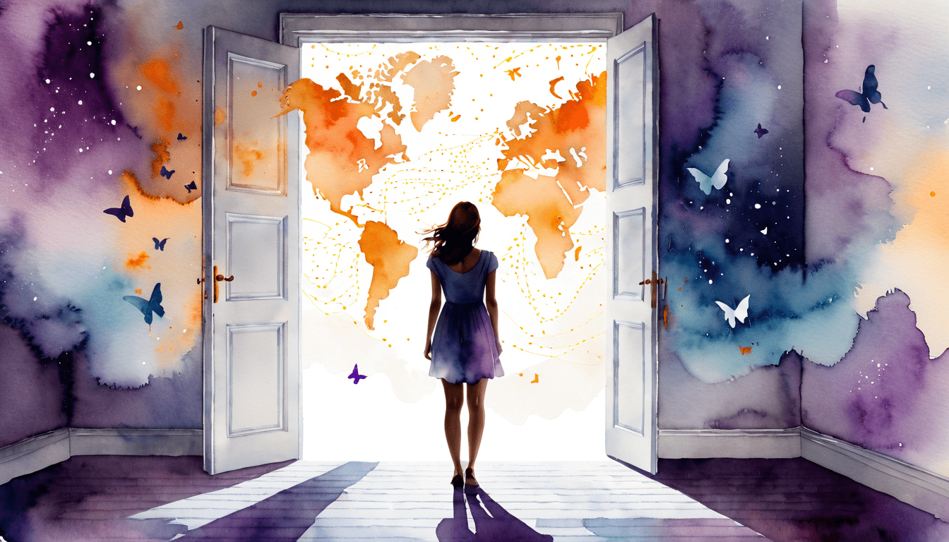 Illustration aquarelle poétique d’une femme observant un plan lumineux flottant devant elle, montrant le chemin pour sortir d’une relation toxique.