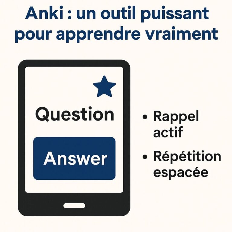 Illustration explicative d’Anki, outil d’apprentissage basé sur des cartes questions-réponses, avec rappel actif et répétition espacée