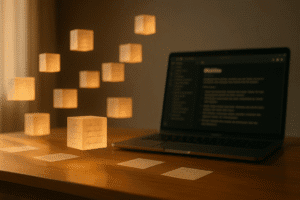 Illustration photographique artistique d’un bureau minimaliste avec un ordinateur portable ouvert sur Obsidian, entouré de blocs lumineux flottants symbolisant les briques de connaissance pour écrire un ebook.