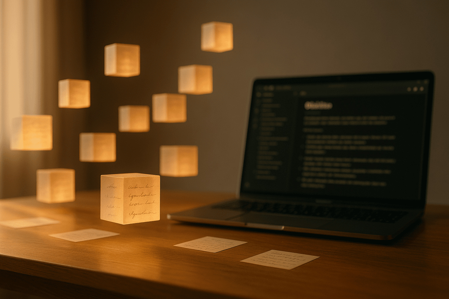 Illustration photographique artistique d’un bureau minimaliste avec un ordinateur portable ouvert sur Obsidian, entouré de blocs lumineux flottants symbolisant les briques de connaissance pour écrire un ebook.