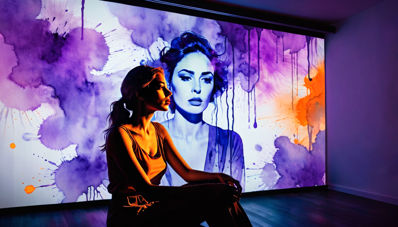 Une femme assise devant une projection artistique aux couleurs violettes et orange, représentant un visage stylisé, illustrant le fait de se faire des films.