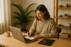 Illustration d’article sur la création de produits numériques, le freelancing, l’organisation de travail en solo ou la vente artisanale.