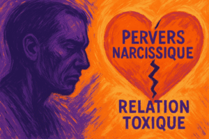 Œuvre digitale exprimant la confusion entre l'étiquette pervers narcissique et les signes de relations toxiques, avec des tons orange vif et violet profond. Un profil humain et un cœur brisé sont illustrés dans l'image.