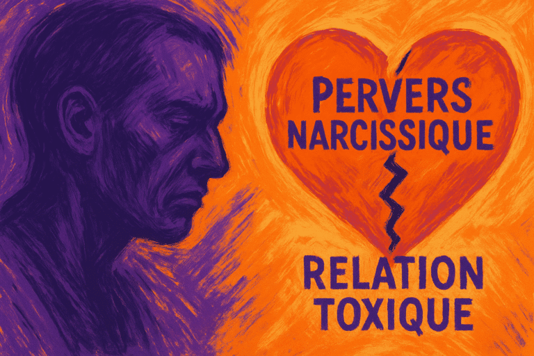 Œuvre digitale exprimant la confusion entre l'étiquette pervers narcissique et les signes de relations toxiques, avec des tons orange vif et violet profond. Un profil humain et un cœur brisé sont illustrés dans l'image.