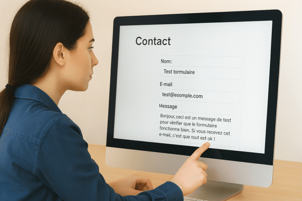 Femme testant un formulaire de contact sur un ordinateur, avec les champs nom, email et message visibles à l’écran