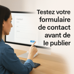 Femme testant un formulaire de contact sur un ordinateur, avec le message "Testez votre formulaire de contact avant de le publier"