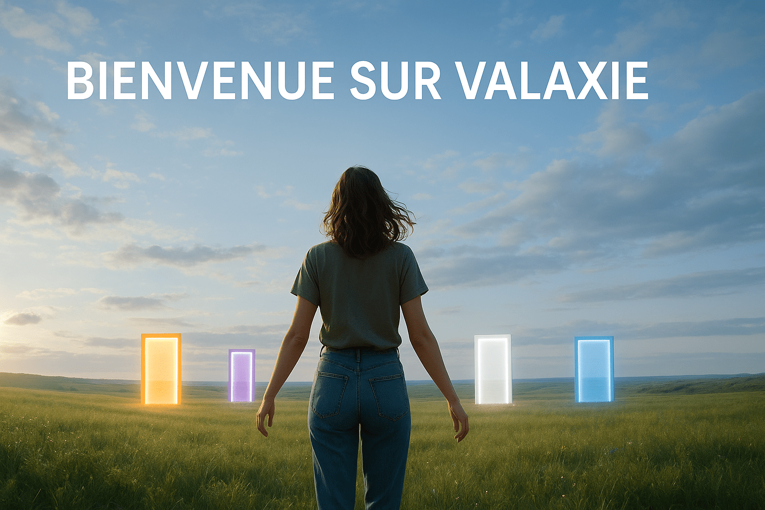 Bienvenue sur Valaxie – une femme de dos face à quatre portes lumineuses symbolisant les 4 piliers pour créer une vie sur mesure.