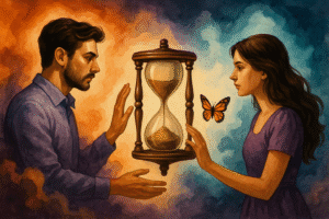 Homme et femme séparés par un sablier, face à face, avec un papillon entre eux, dans une atmosphère onirique teintée de violet et orange