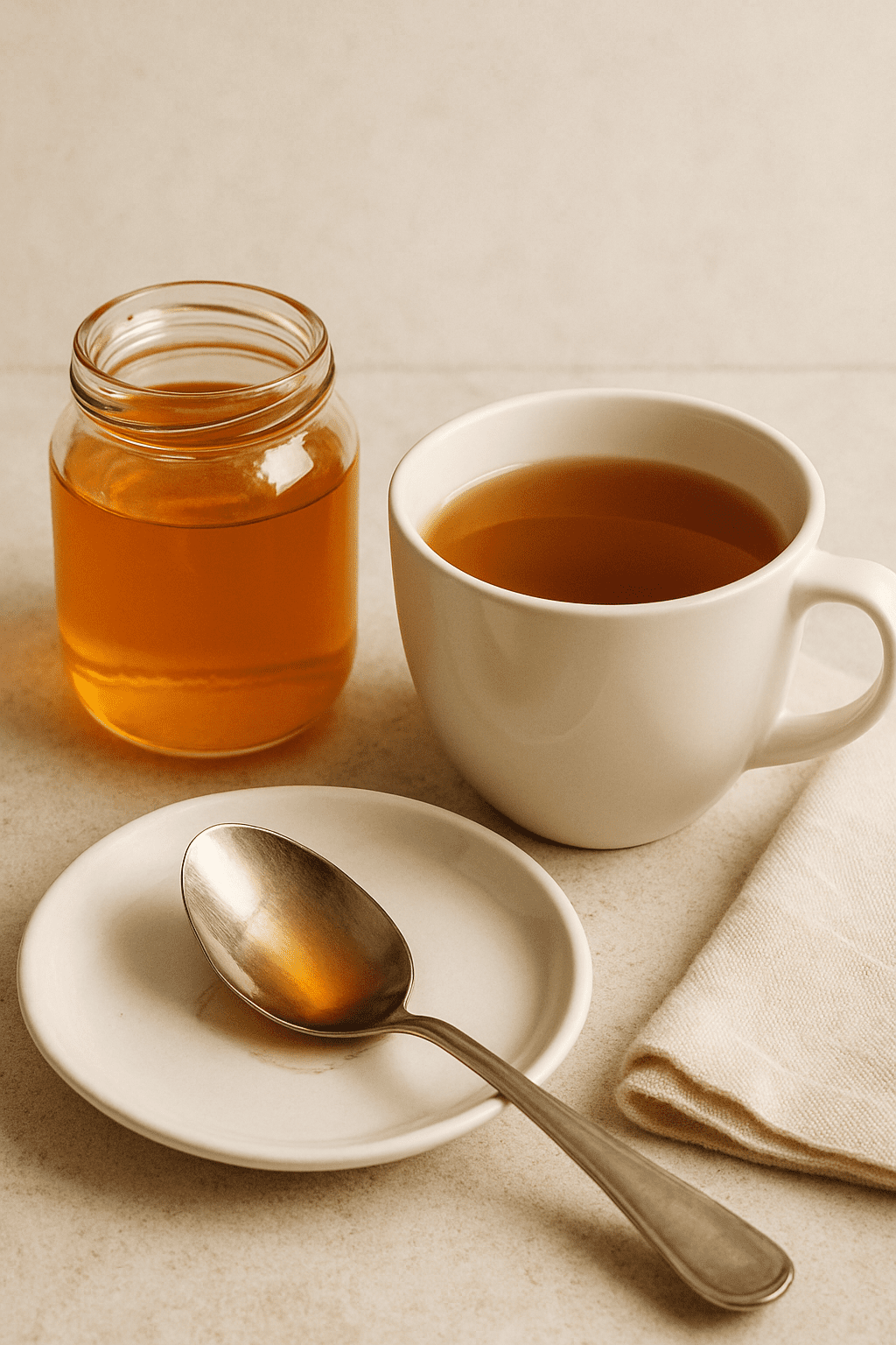 Photo minimaliste d’une cuillère à miel sur une soucoupe, avec un pot de miel et une tasse de thé chaud.