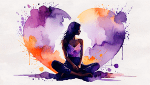 Illustration artistique aquarelle d’une femme assise en introspection, devant un grand cœur violet et orange, symbolisant la réflexion sur ses besoins et ses émotions dans la relation.