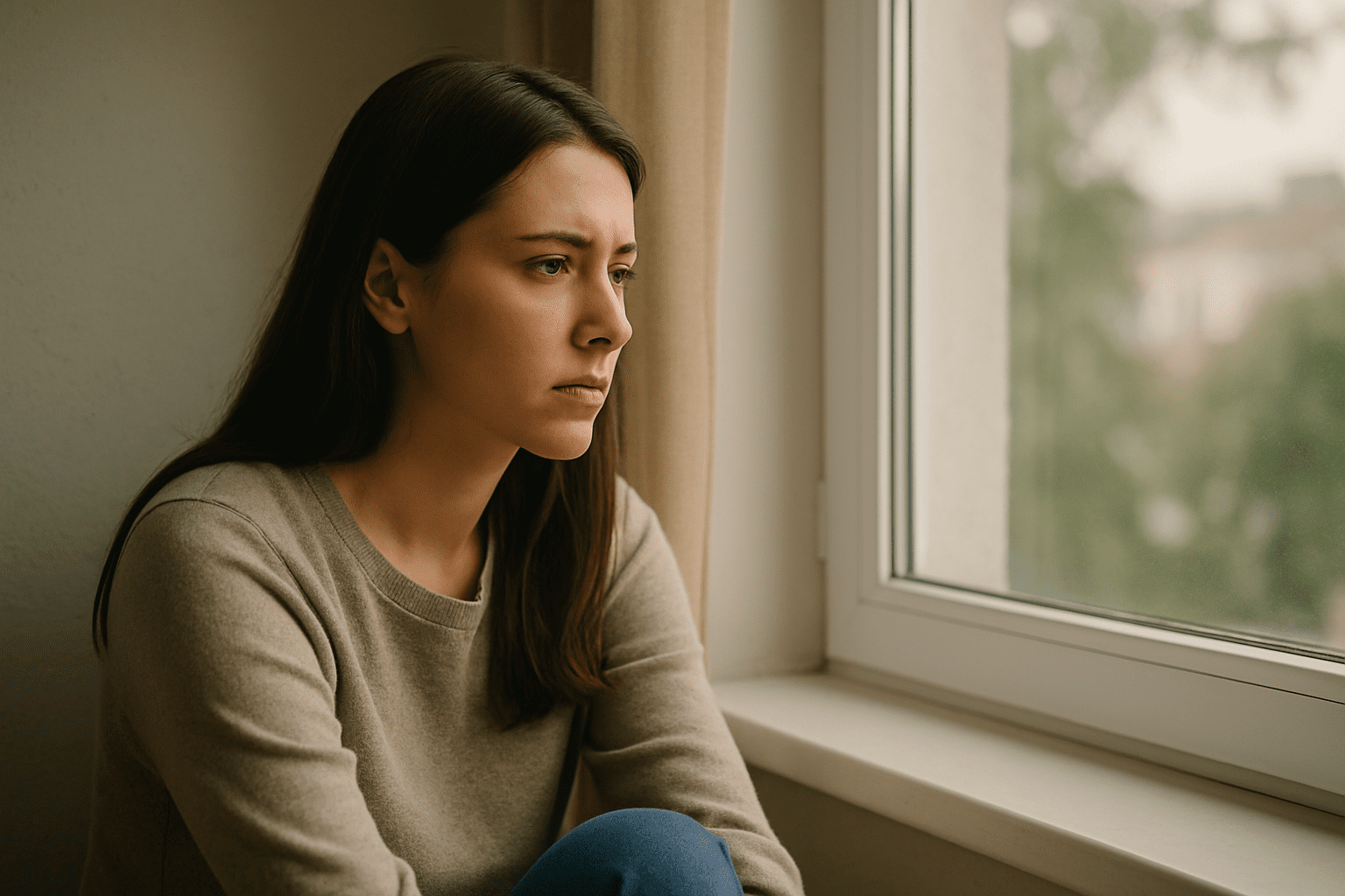 Photo réaliste d’une femme assise près d’une fenêtre, regardant dehors, perdue dans ses pensées.