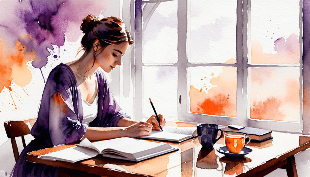 Illustration aquarelle d’une femme en pleine introspection, écrivant dans un carnet, symbole d’auto-réflexion et d’identification de ses besoins émotionnels.