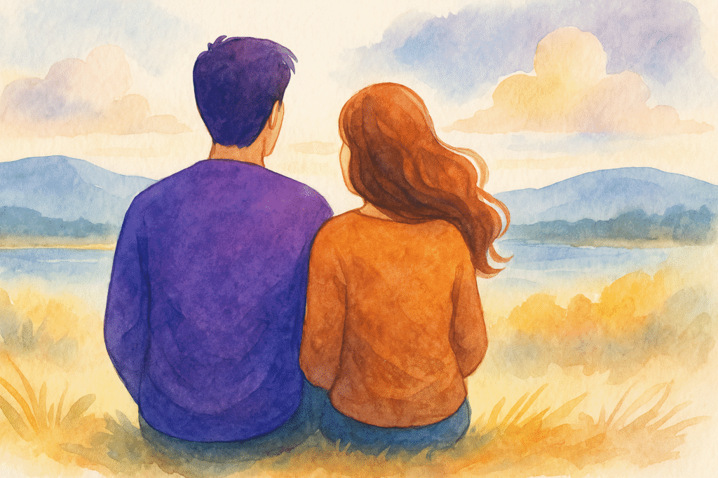 llustration aquarelle poétique d’un couple assis côte à côte, observant l’horizon, ambiance douce et intime.
