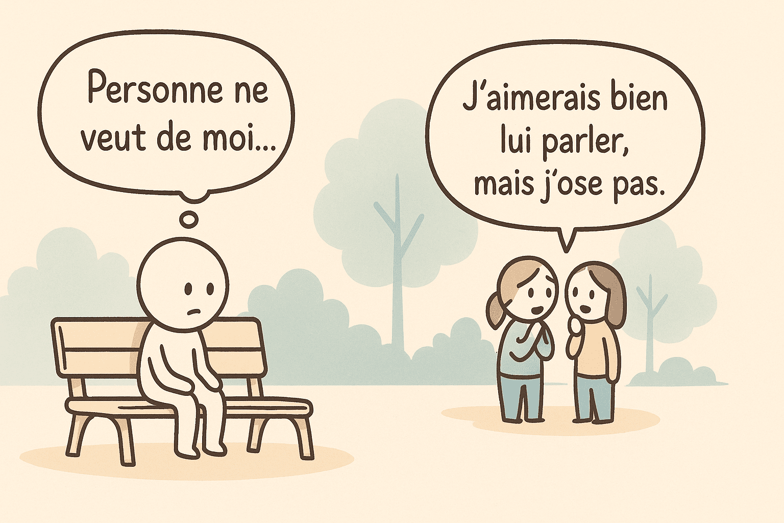 _Illustration d’une personne pensant “personne ne veut de moi” alors que d’autres aimeraient lui parler._