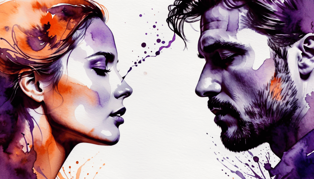 Illustration aquarelle artistique d’un couple face à face, avec un contraste marqué : l’homme en violet symbolise le manipulateur, la femme en orange et bleu incarne la vulnérabilité. Atmosphère intense et émotionnelle.