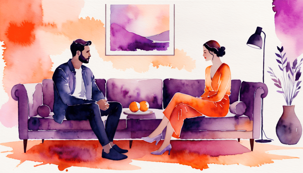 Couple assis sur un canapé, discutant calmement dans un style aquarelle moderne, violet et orange, illustration symbolisant l’importance d’observer les réponses dans la relation.