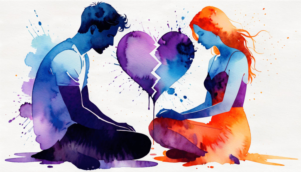 Illustration aquarelle surréaliste d’un couple en tension, symbolisant les reproches injustes et la douleur émotionnelle dans une relation toxique.