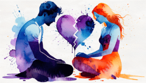 Illustration aquarelle surréaliste d’un couple en tension, symbolisant les reproches injustes et la douleur émotionnelle dans une relation toxique.