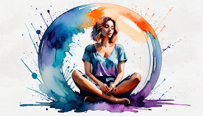 Femme assise en tailleur dans une bulle protectrice, illustration en aquarelle digitale avec des éclaboussures violettes, bleues et orange, symbolisant la protection émotionnelle dans une relation toxique.